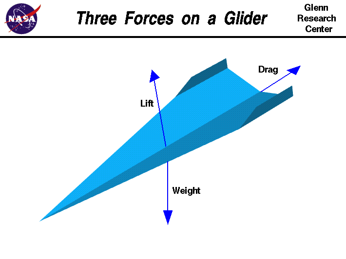 Computer drawing of a paper airplane showing vectors for lift, drag and weight.