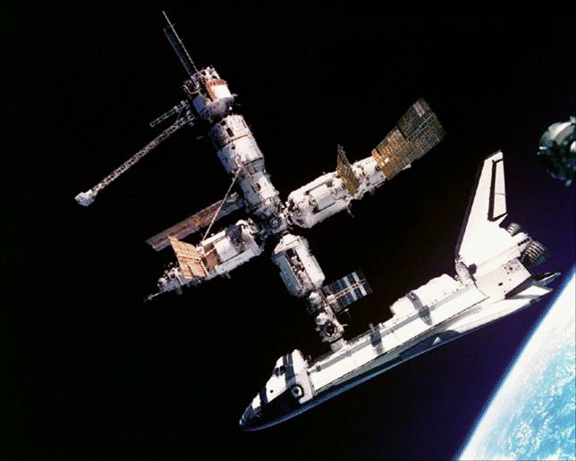 Picture of Shuttle docked to Mir.