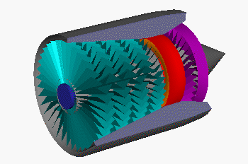 Animated computer drawing of gas turbine core in low speed rotation