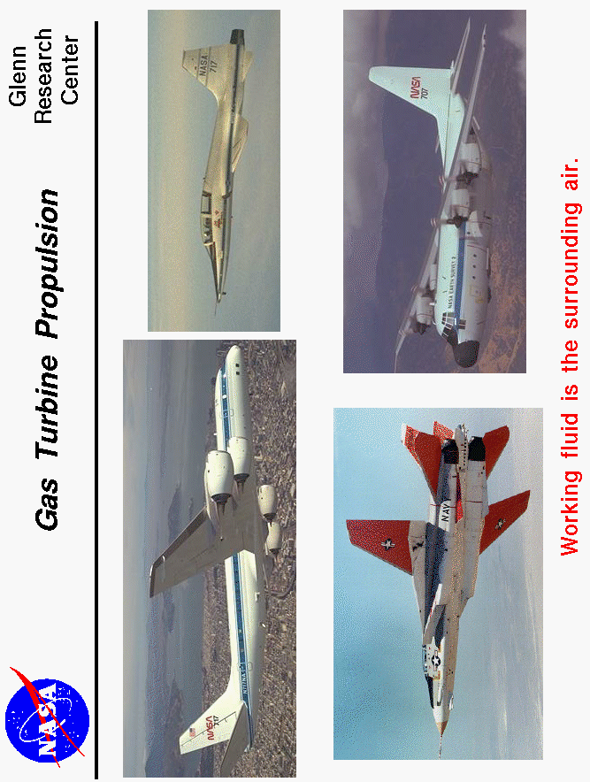 Pictures of gas turbine powered aircraft; a four engine airliner, 
 a trainer jet, a fighter plane, and a turboprop transport.
 Use the Print command of your browser to produce a hard copy