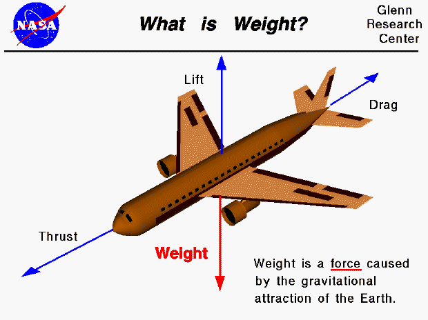 Computer drawing of an airliner showing the weight vector.