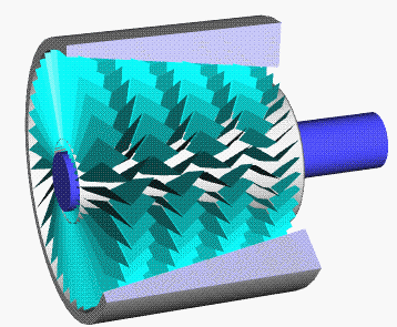 Computer animation of turning compressor showing rotors and stators.