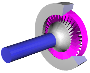Computer animation of turning power turbine showing rotors and stators.