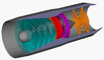 Computer animation of afterburning turbojet in high speed rotation