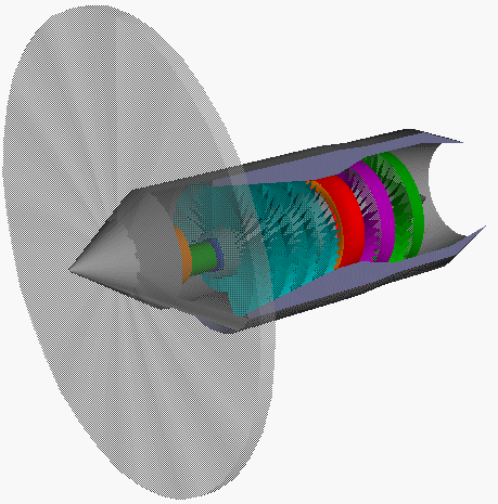Computer animation of turboprop in high speed rotation