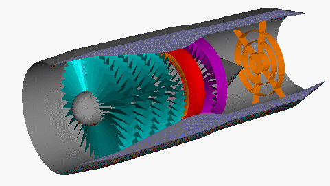 Computer animation of afterburning turbojet in slow rotation