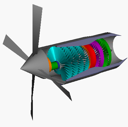 Computer animation of turboprop in slow rotation