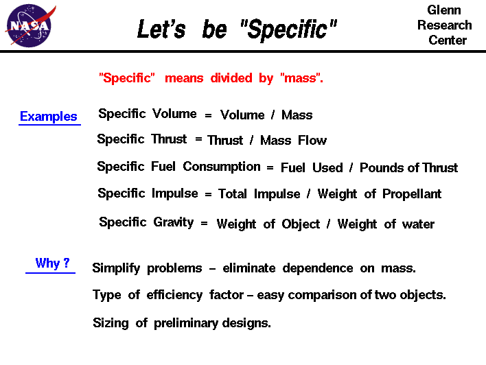 A graphic showing examples of the use of 'specific'
 quantities in aerospace.