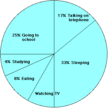 Pie Chart divided into six sections: Going  to School twenty-five percent, Talking on Telephone seventeen percent, Sleeping thirty-three percent, Watching TV, Eating eight percent, and Studying four percent.