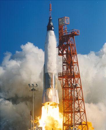 Photo of launch of Mercury Atlas carrying John Glenn into orbit.
