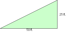 A triangle with it's right side measuring twenty-five feet and bottom side measuring fifty feet