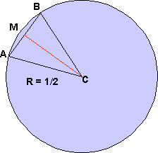 Isoseles Triangle created by points A,B, and C. R=1/2.