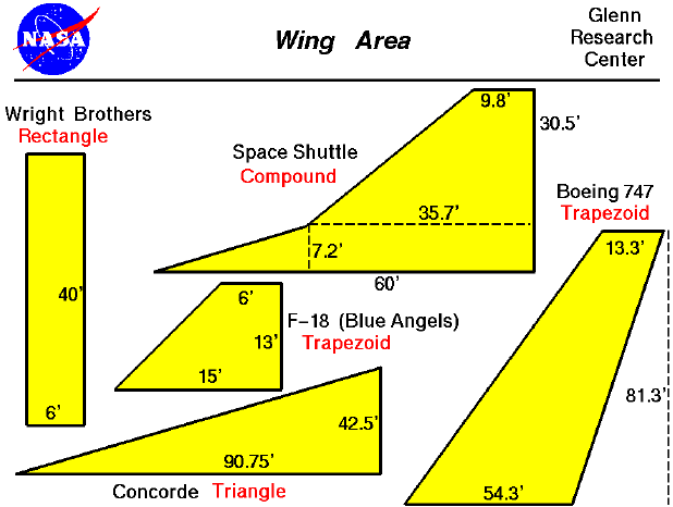 Computer drawings of several wing planforms. The wing shapes
 are rectangular, trapezoidal, triangular and compound.
