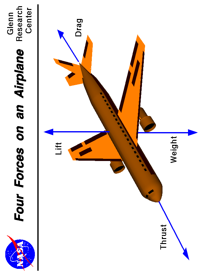 Computer drawing of an airliner showing vectors for lift, thrust, drag and weight.
 Use the Print command of your browser to produce a hard copy