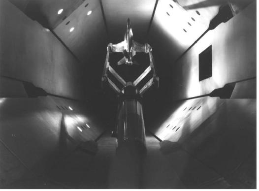 Photograph of an F-18 nozzle/afterbody model mounted in the NASA Langley wind tunnel.