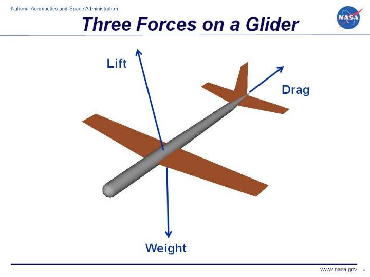 Computer drawing of a wooden glider showing vectors for lift, drag and weight.