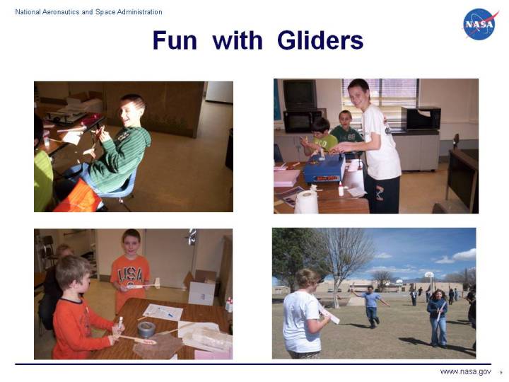 Photos of students building and flying gliders.