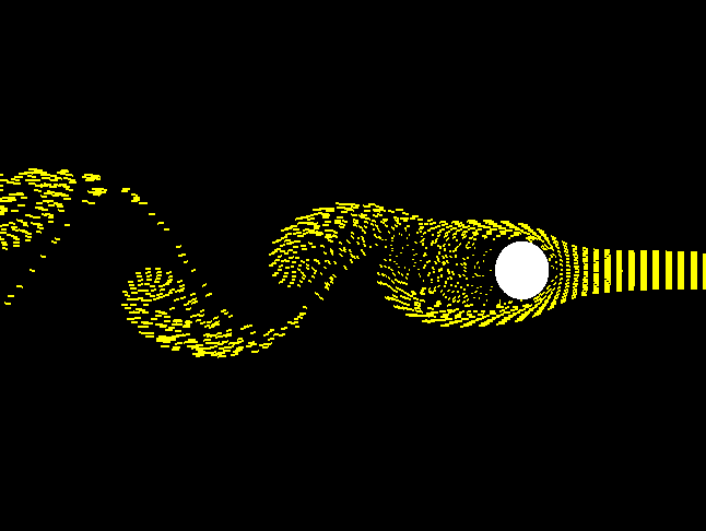 Computer drawing of the flow around a cylinder showing the Karman vortex
  street.