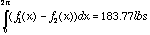 Integral solution to previous functions: integral of f1 - f2 = 183.77 lbs