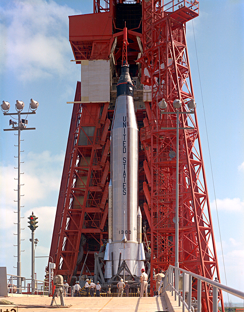 Photo of Atlas booster and Mercury spacecraft on thelaunch pad.