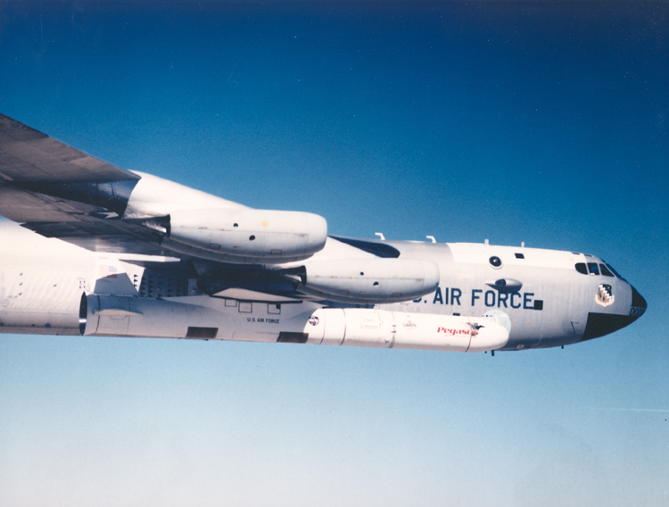 Photo of Pegasus being carried to launch by a B-52.
