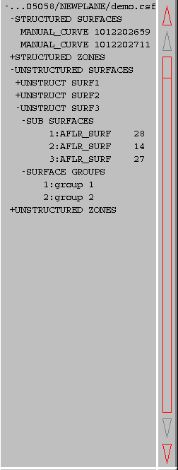 Graphics name list for a .csf file, listing surfaces and groups