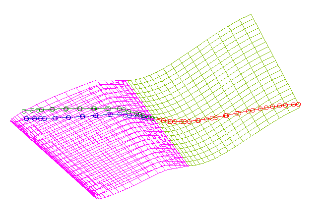 Example showing curves created in multiple surfaces by a cutting plane