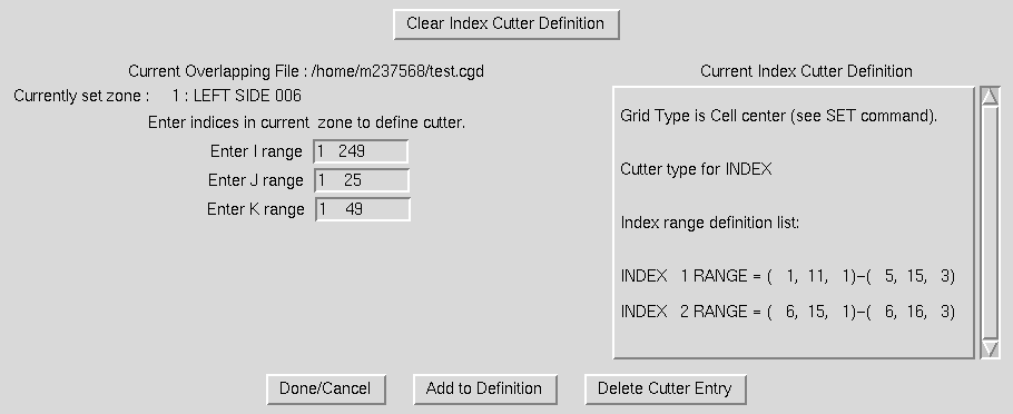 Define Index Cutters window