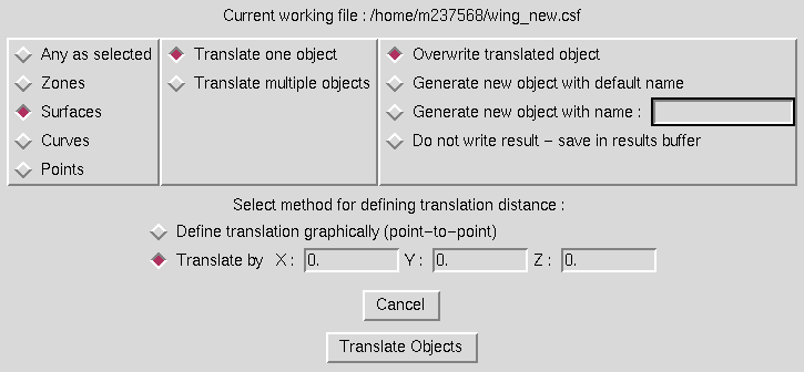 Translate Objects window