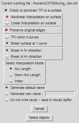 2D TFI window, for TFI constrained to a surface and surface broken at one curve