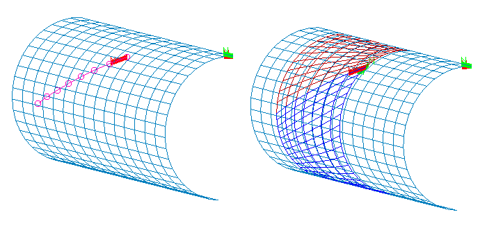 Example of two surfaces created by 2D TFI on a surface, broken at a curve in the M-direction
