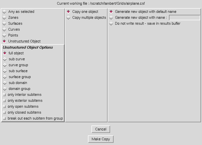 Create Copy window, including unstructured object options