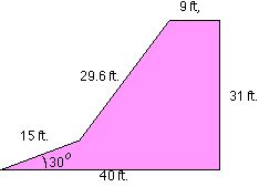 A compound planform with it's top side measuring nine feet, right side measuring thirty-one feet, bottom side measuring fourty feet, it's left side is in two sections: the first measures fifteen feet, the second measures twenty-nine-point six feet. There is a thirty degree inside angle between the bottom side and the first left section.