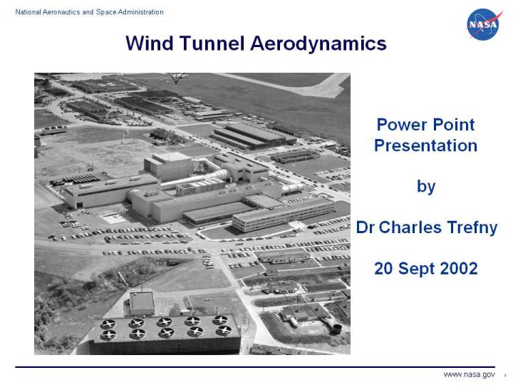 A graphic of the first slide from Chuck Trefny's talk on wind tunnels.
