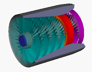 Animated computer drawing of gas turbine core n high speed rotation