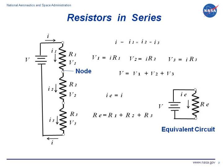 Drawing of an electrical circuit showing the current changes through a
 circuit with three resistors in series.