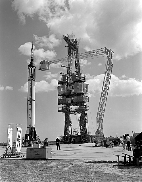 Photo of Mercury Redstone being prespared for launch.