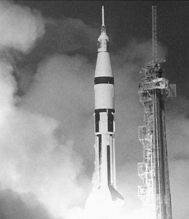 Photo of launch of Saturn 1b with Apollo spacecraft.