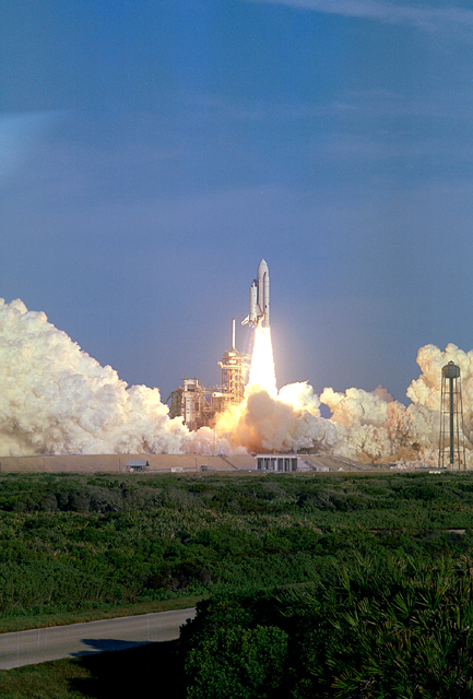 Photo of launch of the first Space Shuttle mission.