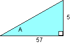 triangle with A being the value of the left angle, 5 being the value of the right side, and 57 being the value of the bottom side