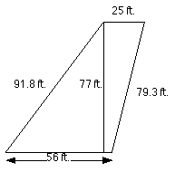 A trapezoid with it's top side measuring twenty five feet, right side mesuring seventy-nine-point three feet, it's bottom side measuring fifty-six feet, right side measuring ninety-one-point eight feet. It has a height ofseventy-seven feet.