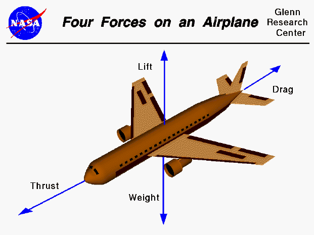 Computer drawing of an airliner showing vectors for lift, thrust, drag and weight.