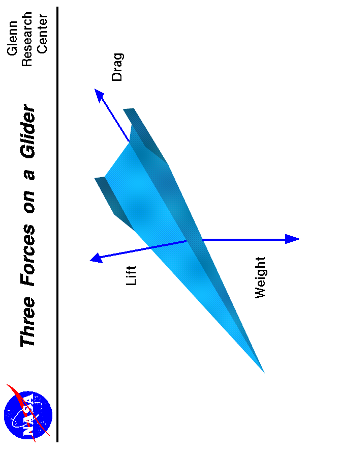 Computer drawing of a paper airplane showing vectors for lift, drag and weight.
 Use the Print command of your browser to produce a hard copy