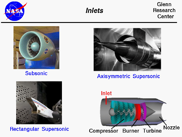Photographs of a round, fat subsonic inlet, a sharp cone
 supersonic inlet and a rectangular supersonic inlet.
