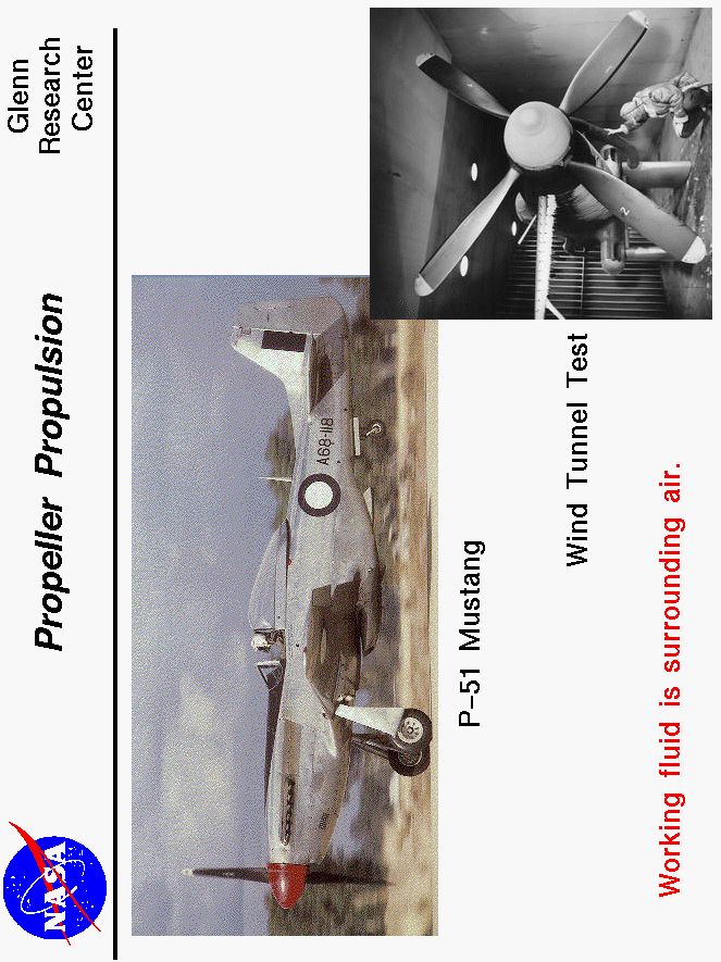 Pictures of the propeller powered P-51 and a wind tunnel test.
 Use the Print command of your browser to produce a hard copy