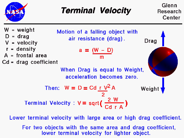 Computer drawing of a falling ball subject to gravitational and
 drag forces. Terminal velocity = function of weight and drag coefficient.