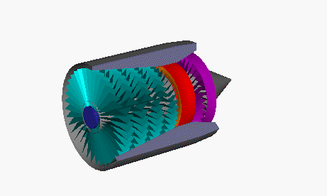 Computer animation of afterburning turbojet construction