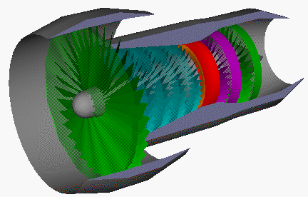 Computer animation of turbofan engine in high speed rotation