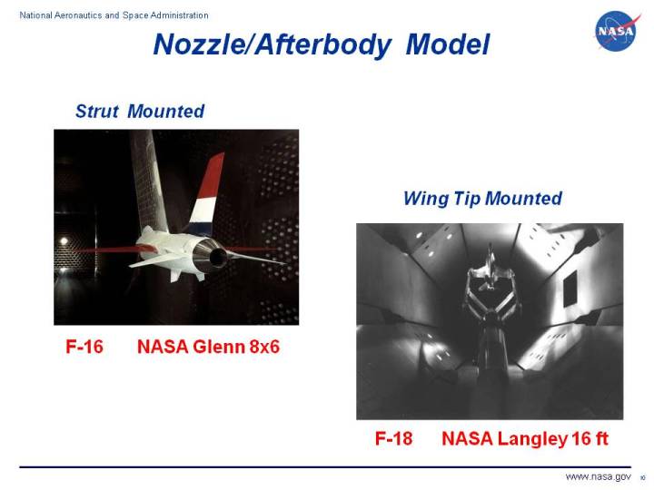 Photograph of an F-16 and F-18 nozzle/afterbody models.