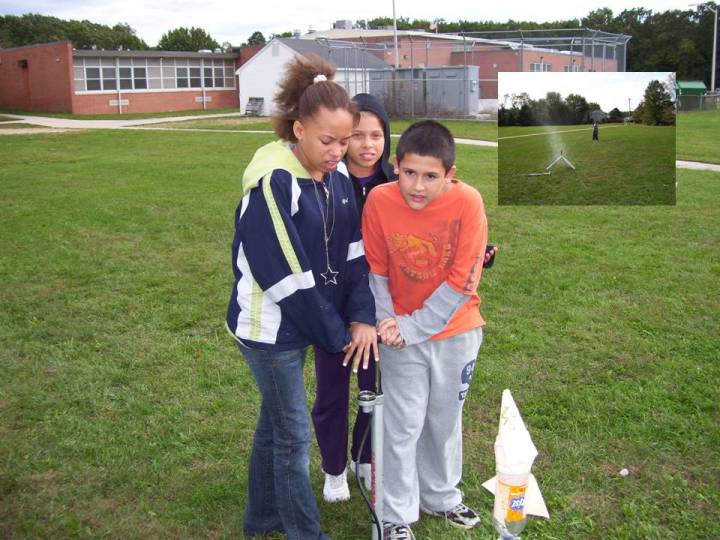Photos of students launching bottle rockets.
